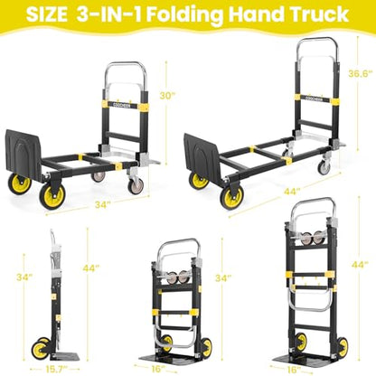 3-in-1 Folding Hand Truck, 600lb Convertible 4 to2 Wheel Dolly Cart Yellow - color: Yellow-1