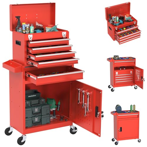 Rolling Tool Box with Wheels, 5-Drawer High Capacity Tool Chest with Wheels, Removable Storage Toolbox with Lock for Garage, Workshop (Red) - color: Red, size: 5-drawer