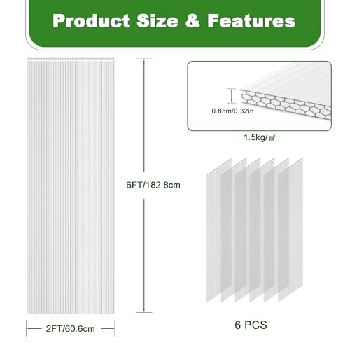 Quibbay 6PCS Polycarbonate Greenhouse Panels Sheets, 6' x 2' x 0.32'' Three-Layer Honeycomb Panels, UV Protected Corrugated Plastic Roof Panels, Clear Replacement Panels for Greenhouse Covering - style: 6' X 2' X 0.32''