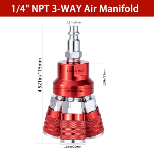 3-Way Air Splitter Air Manifold 3 Way Industrial Air Connect Fitting 3 Couplers Compressor Splitter Accessories（Red） - color: Red