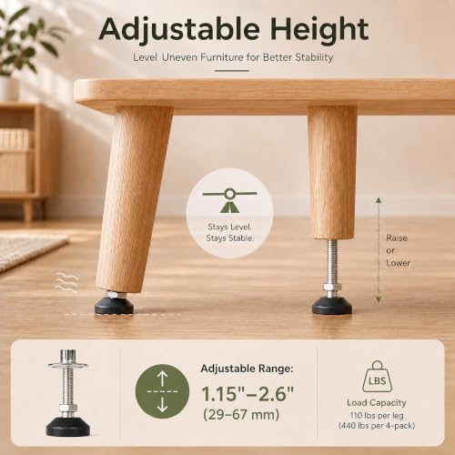 M8 x 1.25 Adjustable Leveling Feet, 4 Pack, 20° Swivel Base - size: M8 | 3" Height | 1.54" Base | 110 lbs/Leg