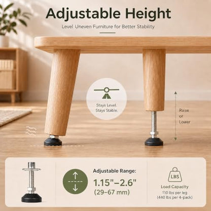 M8 x 1.25 Adjustable Leveling Feet, 4 Pack, 20° Swivel Base - size: M8 | 3" Height | 1.54" Base | 110 lbs/Leg