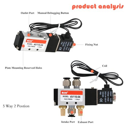 RIH Pneumatics Solenoid Valve 4V110-06 12V/24V/110V Series Single Coil Pilot-Operated Electric 2 Position 5 Way Connection Type (DC24V/Out of line, 1/8"NPT) - size: DC24V/Out of line, style: 1/8"NPT