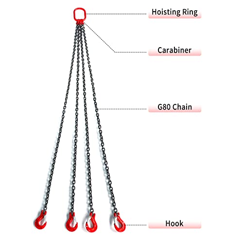 Pindex 1/4 Inch X 5 Ft Chain Slings for Lifting, G80 Alloy Steel Lifting Sling Hoist 3 Ton with 4 Leg Grab Hooks, 5 Feet - size: 5Ft 3T G80 Alloy