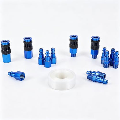 1/4-inch air hose fittings,air compressor quick connect fittings,15 Pieces Air Coupler and Plug Kit,Heavy Duty Aluminum,Lightweight Connector Set,Blue - color: Blue