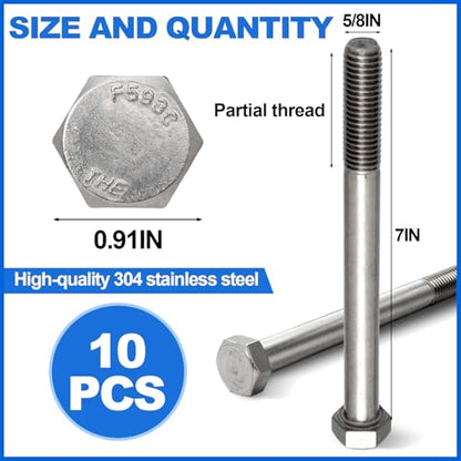 10 Pack 5/8-11 x 7'' Hex Head Cap Screw Bolt 304 Stainless Steel - size: 5/8-11 x 7''