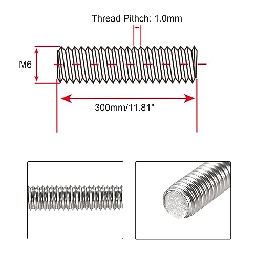 M6 x 300mm Fully Threaded Rod & Studs, 304 Stainless Steel Right Hand Threads Rods, M6-1 Thread Pitch for Anchor Bolts, Clamps, Hangers and U-Bolts 4 Pack【with Nuts】 - size: 12-Inch