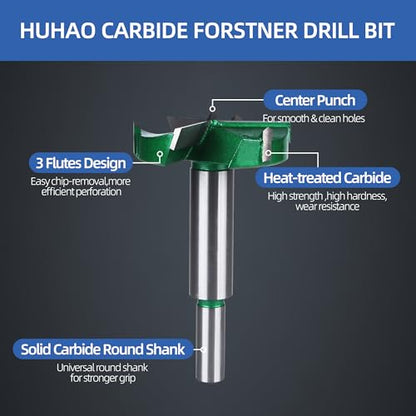 HUHAO 2-5/64" | 53mm Triple Flute Forstner Drill Bit, Tungsten Carbide Upgraded Drilling Hole Saw Woodworking Hinge Cutter Tool Kits for Wood,Plywood,Plastic,MDF - size: 53 mm
