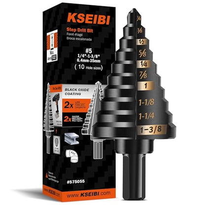 KSEIBI #5 HSS Step Drill Bit Set 1/4-1 3/8" with 3/8 Shank - Black Oxide Finish for Metal, Wood, Plastic Drilling - Durable, Precision Multi-Sized Bits with 3-Flat Shank 575055 - size: #5 (1/4-1 3/8 inch)