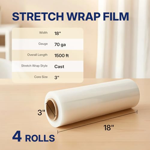 NorthSky Industrial Stretch Wrap, 18" x 1500', 70 Gauge 26 Microns, Up to 700% Stretch, Clear Heavy Duty Self-Adhering Plastic Film for Pallet Packing Moving Shipping Box of 4 Rolls - size: 70 Gauge 18'' x 1500'
