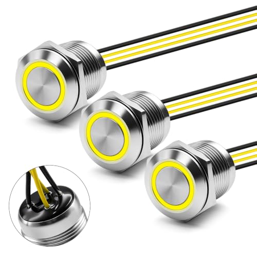 3PCS 19mm 20A Momentary LED Push Button Switch IP67 12V-24V DC Yellow - color: Yellow Silver Shell, size: Momentary