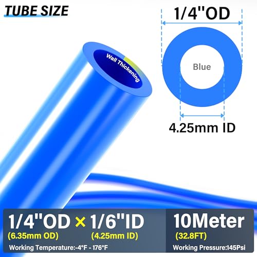TAILONZ PNEUMATIC Blue 1/4 Inch OD 10 Meter 32.8ft PU Polyurethane Air Tubing Kit Pipe Hose Air Line Tubing Air Hose Fittings Push to Connect Fittings(27PCS) - color: Blue, size: 1/4" OD - 32.8 FT