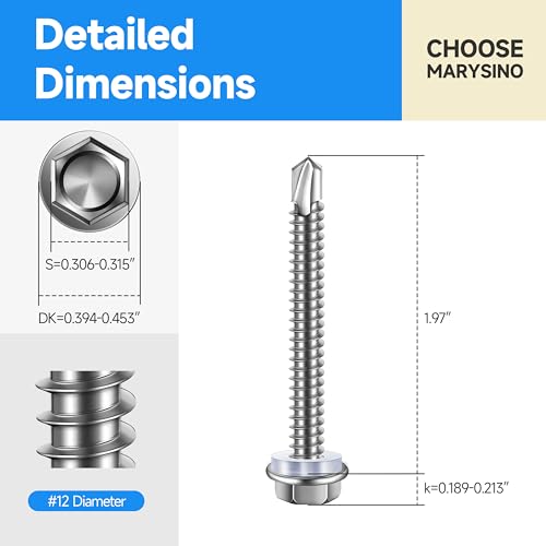 Sheet Metal Screws, 50Pcs #12 x 2 Self Tapping Screws for Metal, 410 Stainless Steel Hex Head Self Drilling Screws for Metal Plastic Wood, High-Strength Quick Self-Tapping Screws by Marysino - color: Silver (#12), size: 2"