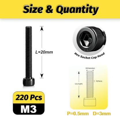 KADRICK 220PCS M3 x 20mm Hex Socket Head Cap Screws, M3-0.5 Fully Threaded - size: M3x20MM 220PCS