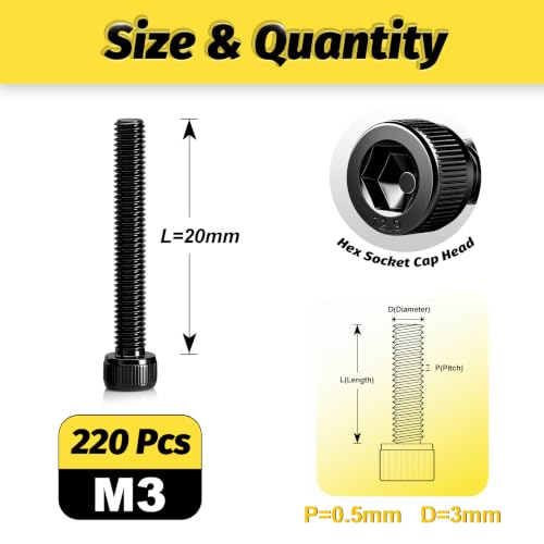 KADRICK 220PCS M3 x 20mm Hex Socket Head Cap Screws, M3-0.5 Fully Threaded - size: M3x20MM 220PCS