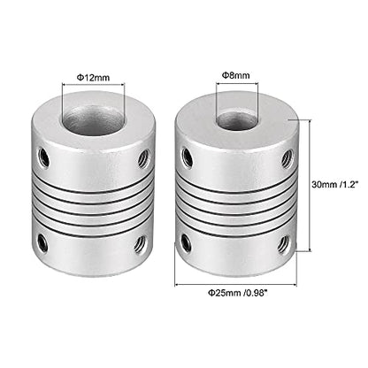 uxcell 12mm to 8mm Aluminum Alloy Shaft Coupling Flexible Coupler Motor Connector Joint L30xD25 Silver 2Pcs - size: 12mm to 8mm