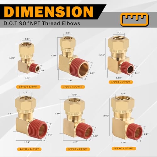5PCS Brass DOT 1/2" Tube x 3/8" NPT Nylon Tubing 90 Degree Elbow - size: 1/2" OD x 3/8" NPT, style: 90°NPT Thread Elbows-5PCS