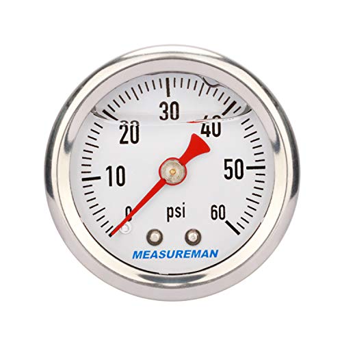 MEASUREMAN 1.5" Dial Size, 304 Stainless Steel case, Liquid Filled Fuel Pressure Gauge, 0-60Psi, 3-2-3%, 1/8" NPT Center Back Mount - size: 0-60 psi, style: Back Mount