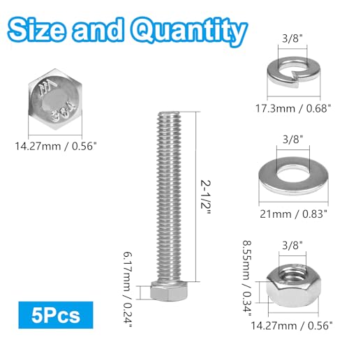 MroMax 6 Sets 3/8-16 x 2-1/2" Hex Head Screw Bolt, Nuts, Flat Washer & Spring Lock Washers Kits,Fully Threaded, Stainless Steel 18-8（304）, Bright Finish - size: 3/8-16 x 2-1/2" (6 Sets)
