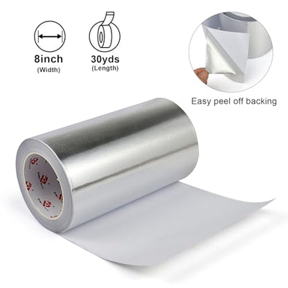 BOMEI PACK Aluminum Foil Tape,Heavy Duty Metal Foil Tape,High Temperature Silver Duct Tape,Perfect for Sealing & Patching,HVAC,Air Ducts,Insulation and Metal Repair (8 Inch) - size: 8 Inch x 30 Yards