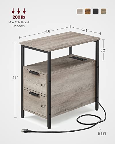 VASAGLE Side End Table with Charging Station, Slim Nightstand with Storage - color: Heather Greige + Ink Black, size: 23.6"D x 13.8"W