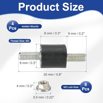 PATIKIL M3 8x8mm Rubber Isolator Mounts, 4 Pcs Rubber Studs Shock Absorber Anti-Vibration Isolation Damping Mounts with Lock Nuts for Motor, Air Compressor, Engines (20mm Height) - size: M3-8x8x20mm