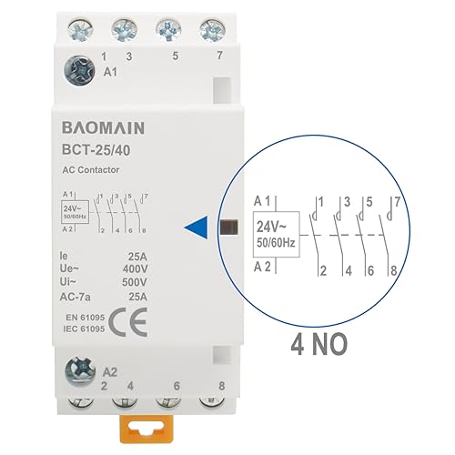 BAOMAIN 24V AC 4-Pole 25A Modular Contactor, 4NO, DIN Rail Mount