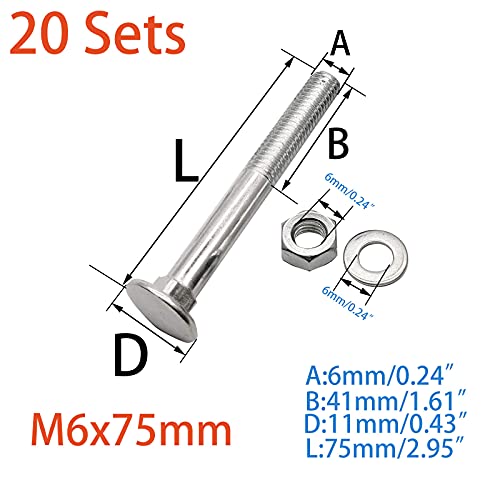 20 Sets Long Square-Neck Carriage Bolts Set,Carriage Bolts Set w/Nuts & Flat Washers,Zinc-Plated,Carbon Steel Grade 4.8,Plain Finish,Partial Threaded(M6-1.0X75mm) - size: M6-1.0X75mm（20 Sets）