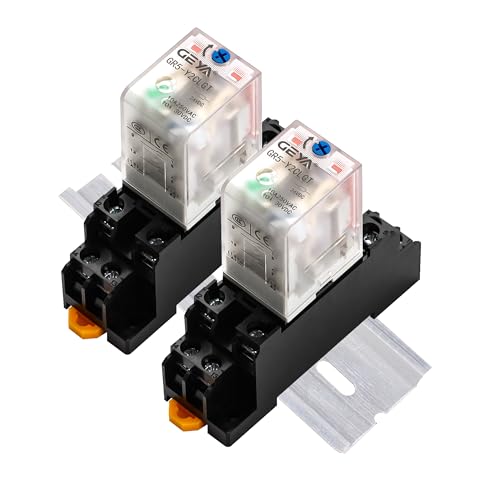 2PCS Electromagnetic Power Relay, 8-Pin DC 24V 10Amp DPDT Relay,LED Indicator, GR5-Y2CLGT with Socket Base and DIN Rail - size: 24VDC-2pcs