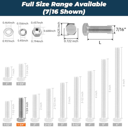 8 Sets Glvaner 7/16-14 x 1-3/4" Stainless Steel Hex Head Screws Bolts, Nuts, Flat & Lock Washers, 18-8 (304) Stainless Steel, Full Thread, Coarse Thread - size: 7/16-14 x 1-3/4"