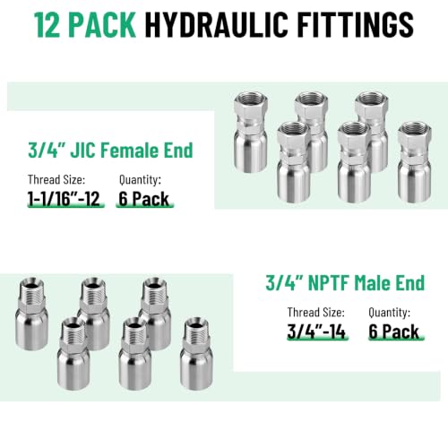 33FT 3/4" Hydraulic Hose with 12PCS Hydraulic Hose Fittings - size: 3/4" Hydraulic Hose - 33FT