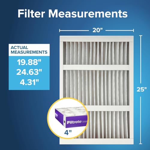 Filtrete 20x25x4 Air Filter MERV 12, MPR 1550 Certified Asthma & Allergy Friendly 2-Pack, Fits Honeywell & AprilAire, AC Furnace HVAC Filters, Pleated Electrostatic (Actual Size 19.88x24.63x4.31 in) - size: 20x25x4