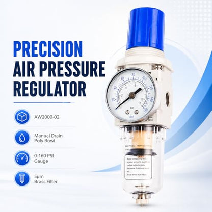 BLCH 1/4" NPT Air Compressor Regulator - Air Pressure Regulator, Air Dryer AW2000-02 Manual Drain Poly Bowl Gauge 0-160 PSI 5μm Brass - size: AW2000-02