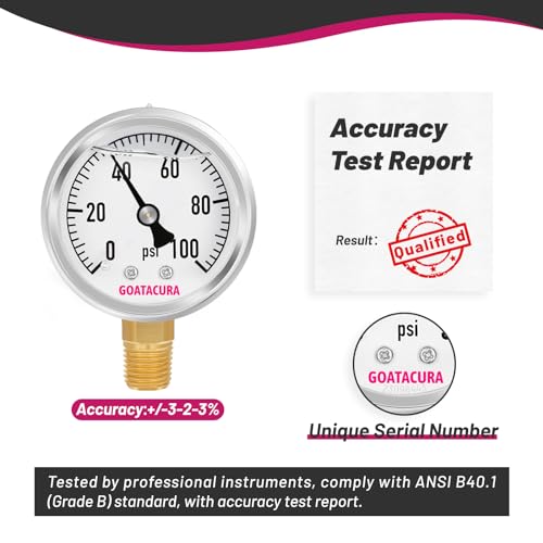 0-100psi Glycerin Filled Pressure Gauge, 2" Dial Size, 304 Stainless Steel Case, 1/4" NPT Lower Mount, with High Accuracy, for Measuring Water Air Hydraulic Pressure - size: 0-100psi, style: BRASS