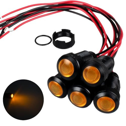 5pcs 12mm 12V-24V LED Indicator Light Plastic Black Signal Dot Lamp 12V-24V 1/2 inches Mounting Hole Size with 15cm/5.9in. Wire (Yellow LED) - color: Yellow, size: 12mm 12-24V