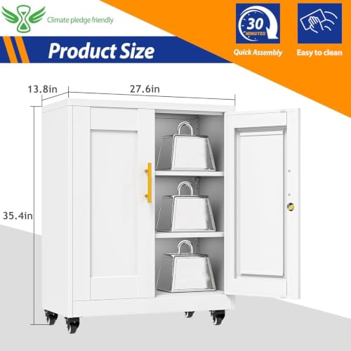 GAIOUS 35'' Tall Metal Storage Cabinet with Lock and Wheels, Steel Office Cabinet with 2 Door and 2 Adjustable Shelves, Lockable File Cabinet, Garage Cabinet, Rolling Cabinet for Home Office - White - color: White, size: 13.8''D x 27.6''W x 35.4''H