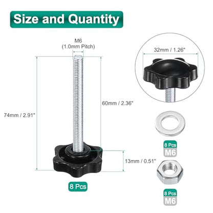 uxcell 8pcs Star Clamping Knobs with Nuts Washers, M6 x 60mm Metric Zinc Plated Carbon Steel Male Thread 32mm 6-Star Plastic Head, Threaded Stud Hand Knobs Handles Thumb Screws, Black - size: M6 x 60mm