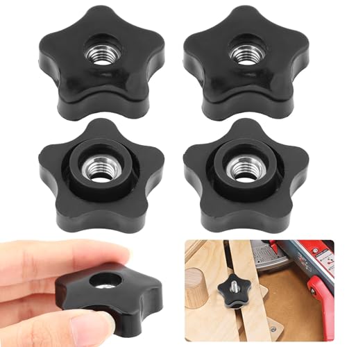 4PCS T-Track Knobs, 3/8 Inch 16 Through-Hole knobs, Five-Star Thru Threaded Knob Nuts, Star Shape Knurled Clamping Nuts for Sawing Machine, Drilling Machine, Plastic Screw-On Type(Black)