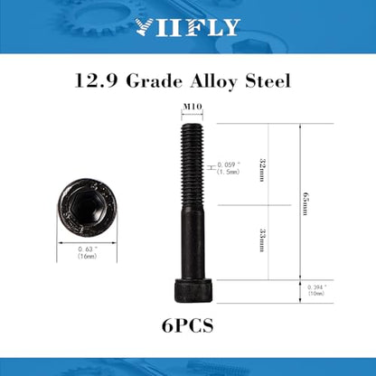 M10-1.5 x 65mm Socket Head Cap Screws, M10x1.5 Bolt, 12.9 Grade Alloy Steel, Allen Socket Drive, Black Oxide Finish, Half Thread, Quantity 6 - size: M10 x 65mm(6PCS)
