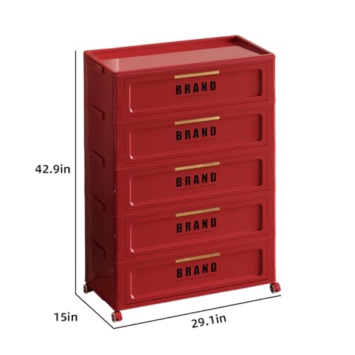 300QT Foldable Storage Cabinet with Doors and Locking Wheels, 5-Tier Heavy-Duty ABS Rolling Organizer, No-Tool Assembly for Pantry, Laundry Room, Dorm and Garage - color: Red