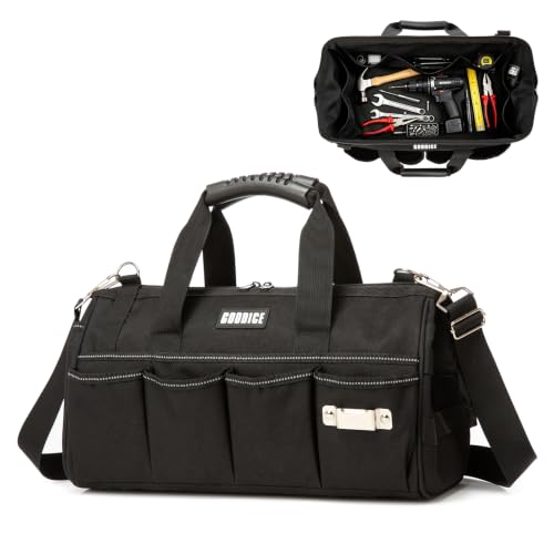 15"Heavy-Duty Tool Bag,23-Pocket Wide Mouth Tool Tote with Adjustable Strap - color: Black