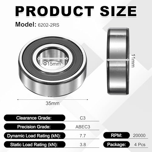 uxcell 4Pcs 6202-2RS Deep Groove Ball Bearings, 15x35x11 mm High Speed Double Rubber Seal Bearings Pre-Lubricated and Stable for Industrial Machinery Repairs 3D Project - size: 6202-2RS(15x35x11 mm)
