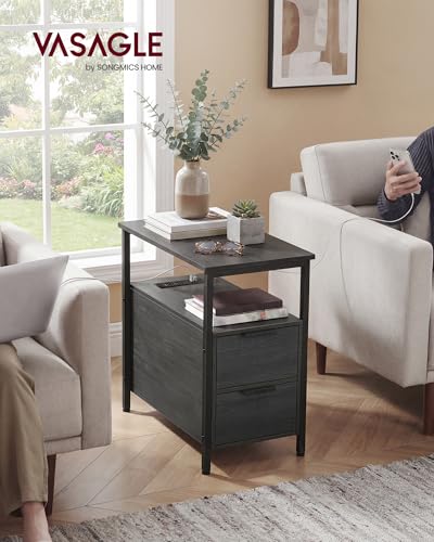 VASAGLE Side End Table with Charging Station, Slim Nightstand with Storage - color: Charcoal Gray + Ink Black, size: 23.6"D x 11.8"W