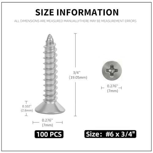 #6 x 3/4 [100 Pack] Flat Head Phillips Drive Self Tapping Screws, Sheet Metal Screws, 304 Stainless Steel (18-8), Corrosion Resistant Screws for Wood, Sheet Metal and More - size: #6 x 3/4