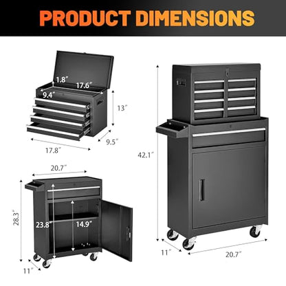 5-Drawer Rolling Tool Chest with Detachable Top Toolbox - color: Black, style: 5 drawer-detachable