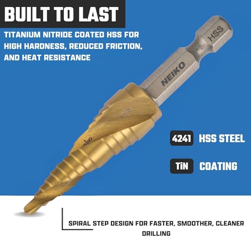NEIKO 10617A Step Drill Bit, 2 Steps 3/8" to 1/2" Spiral High Speed Steel, Titanium Nitride Coated, 1/4" Quick Change Step Bits for Steel, Metal, Wood, Plastic, Unibit Cone Drill Bits, Two Flute - size: #6 (3/8 - 1/2", 2S), style: Spiral