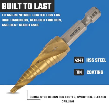 NEIKO 10617A Step Drill Bit, 2 Steps 3/8" to 1/2" Spiral High Speed Steel, Titanium Nitride Coated, 1/4" Quick Change Step Bits for Steel, Metal, Wood, Plastic, Unibit Cone Drill Bits, Two Flute - size: #6 (3/8 - 1/2", 2S), style: Spiral