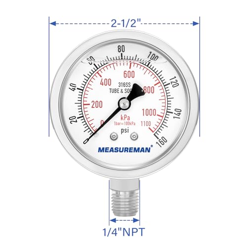MEASUREMAN Fully Stainless Steel Hydraulic Glycerin Filled Pressure Gauge, 2-1/2" Dial Size,0-160psi/kpa,1/4" NPT Lower Mount - size: 0-160 psi, style: Lower Mount(100% Stainless Steel)