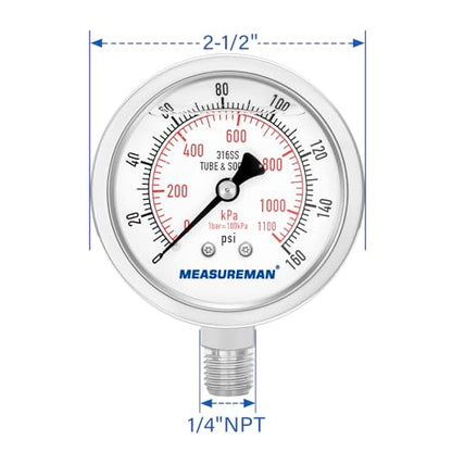 MEASUREMAN Fully Stainless Steel Hydraulic Glycerin Filled Pressure Gauge, 2-1/2" Dial Size,0-160psi/kpa,1/4" NPT Lower Mount - size: 0-160 psi, style: Lower Mount(100% Stainless Steel)