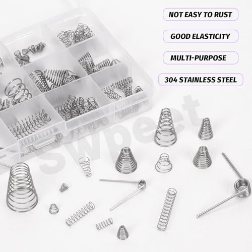 Swpeet 148Pcs 3 Styles Stainless Steel Compression Springs Assortment Kit, 0.3/0,5/0.7/0.8/1 mm Conical Spring Compressed Spring, 0.3/0.4/0.5 mm Compression Springs, 1.5mm-45/90 Degree Torsion Spring - size: N1